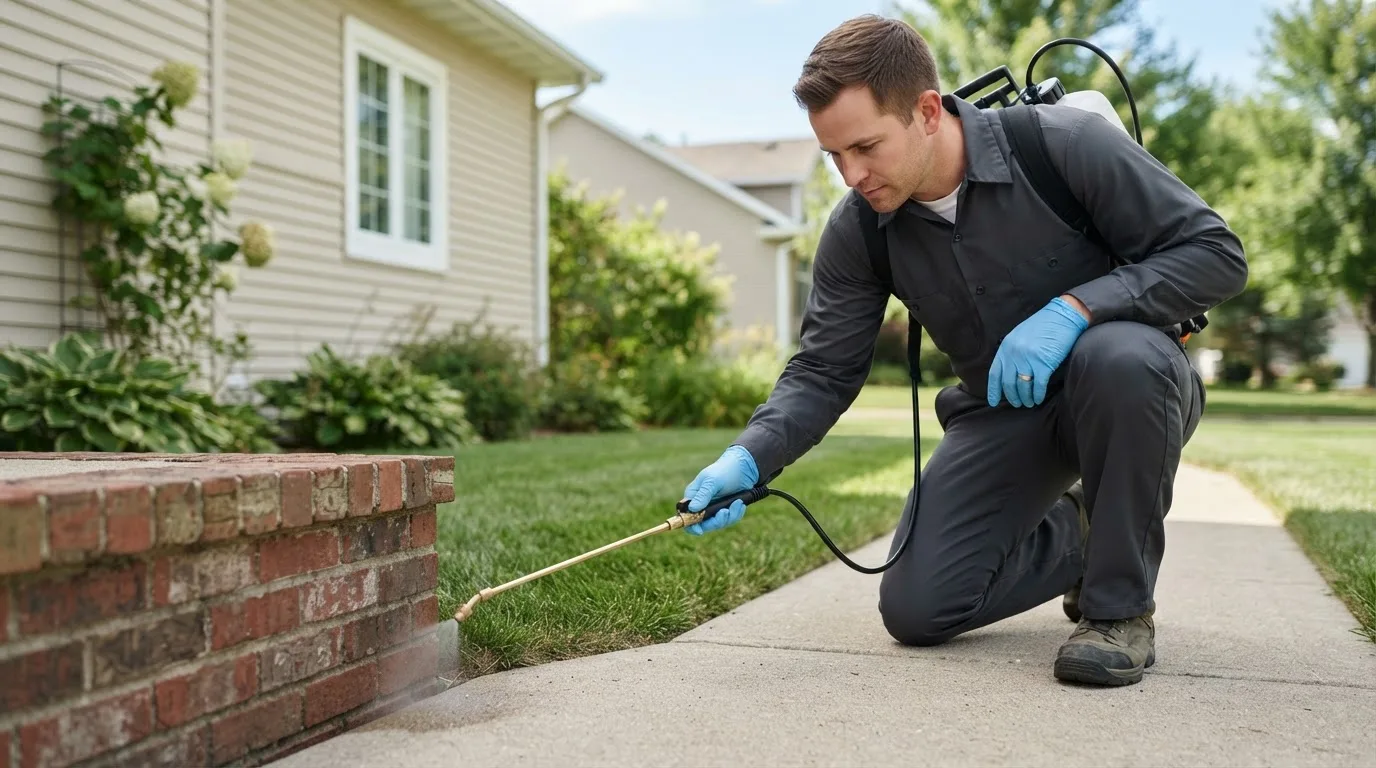 Pest control technician treating a home near West Wareham, MA
